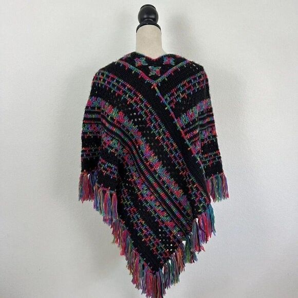 Crocheted Handmade Boho Black Rainbow Loose Knit Fringe Shawl Poncho Sweater OS - Picture 2 of 12
